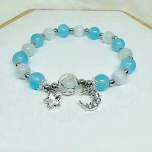 Blue Beaded Bracelet with Moon charm fancy statement bracelet